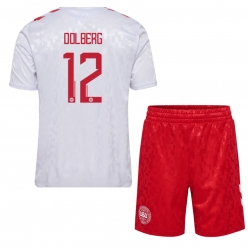 Fotbollsset Barn Danmark Kasper Dolberg #12 Bortatröja EM 2024 Mini-Kit Kortärmad (+ korta byxor)