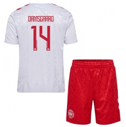 Fotbollsset Barn Danmark Mikkel Damsgaard #14 Bortatröja EM 2024 Mini-Kit Kortärmad (+ korta byxor)