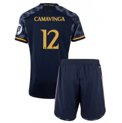 Fotbollsset Barn Real Madrid Eduardo Camavinga #12 Bortatröja 2023-24 Mini-Kit Kortärmad (+ korta byxor)